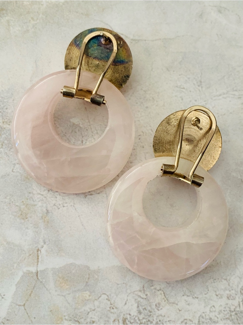Rose Quartz Pink Hoop Drop Vintage Omega Earrings 2 in 1 - Picture 4 of 6